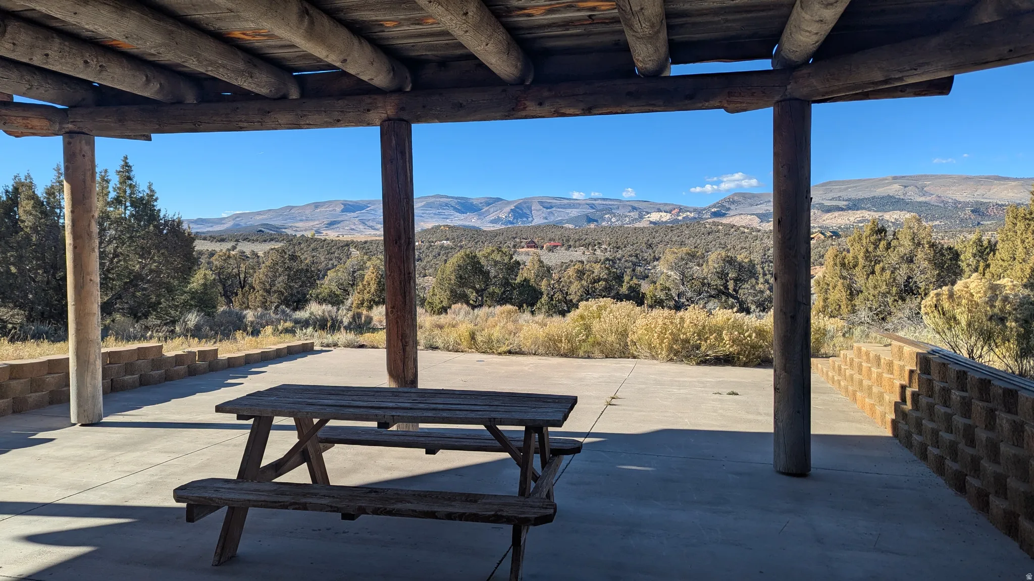 View of patio featuring a mountain view