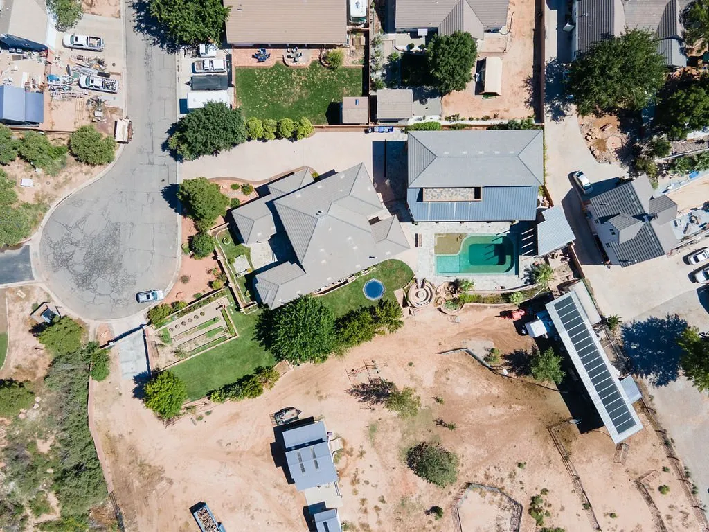 Overhead on the home, pool, and immediate grounds.
