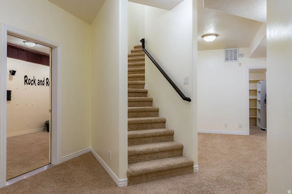 Wide stair down to the entertainment level.