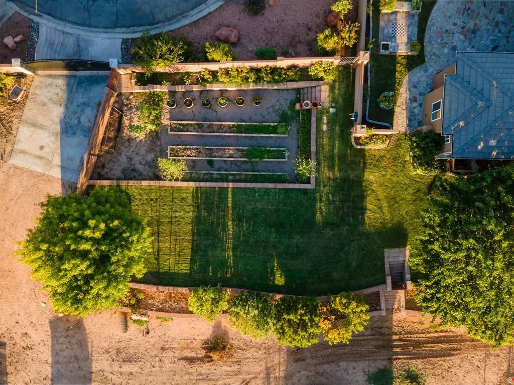 Raised beds and mature fruit trees, established and producing.