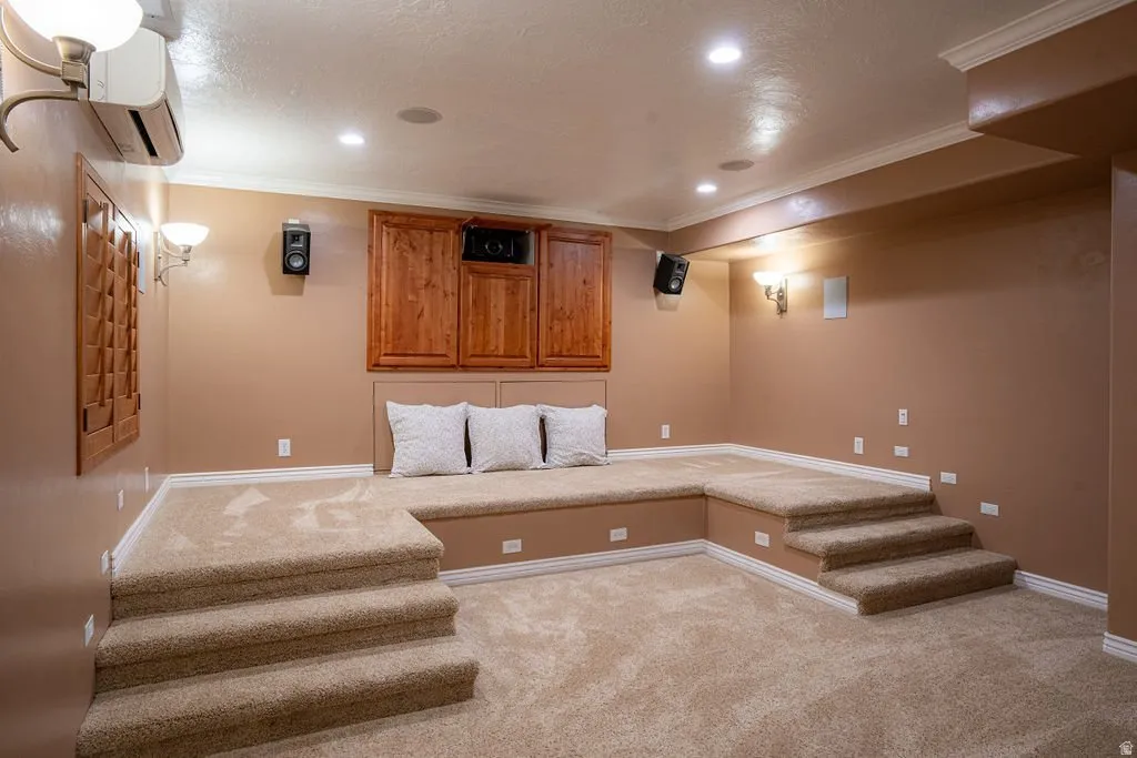 Tiered seating platform, wall-mounted speakers, true 4K screen. A full cinema, not a repurposed spare room.