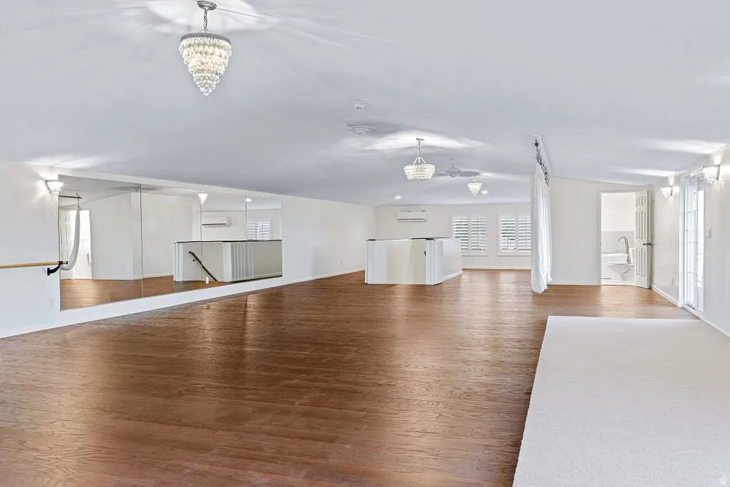 A fully finished dance studio over the garage — wide open span, mini-split heating and cooling.