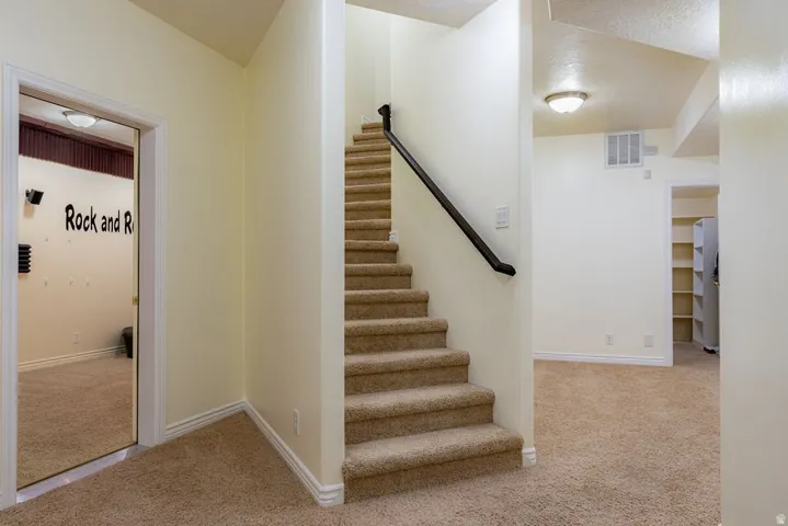Wide stair down to the entertainment level.
