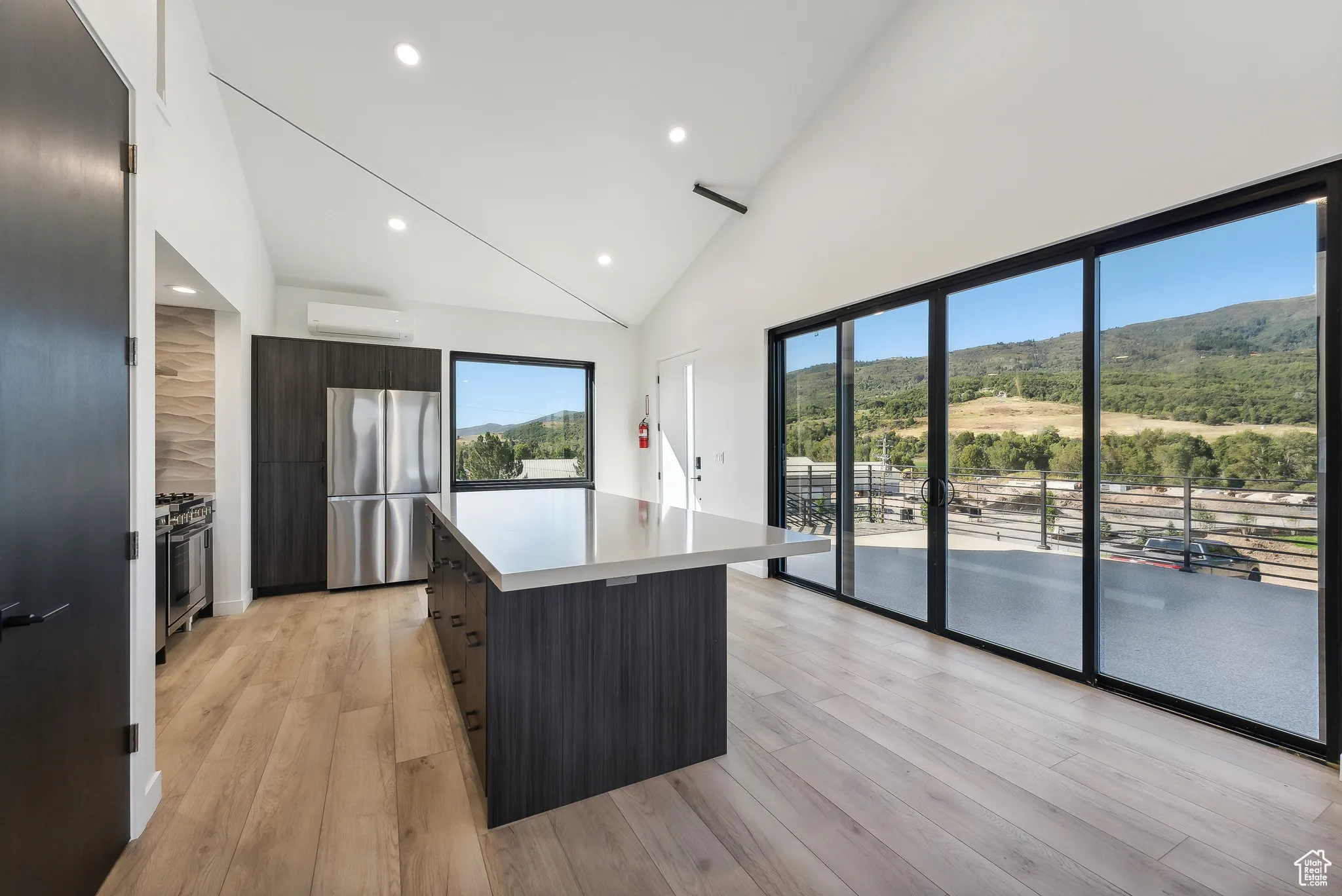 Kitchen with a mountain view, stainless steel appliances, light hardwood / wood-style floors, and a center island