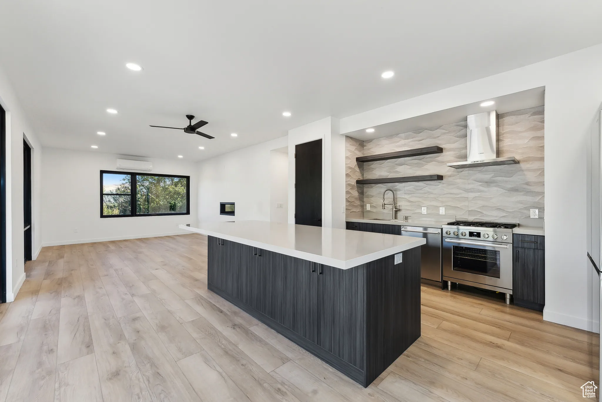 Kitchen with range hood, light wood-type flooring, appliances with stainless steel finishes, and a kitchen island