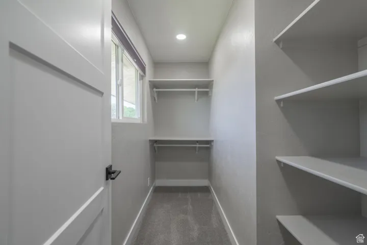Walk in closet with dark colored carpet