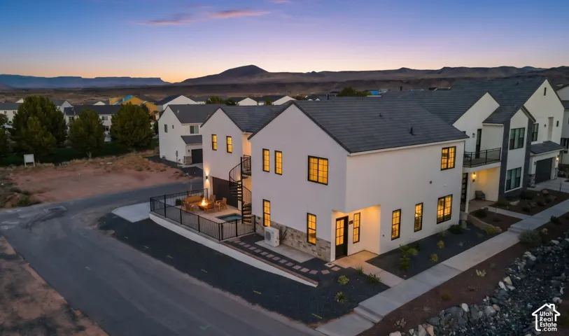 Aerial view of the home on its corner lot.