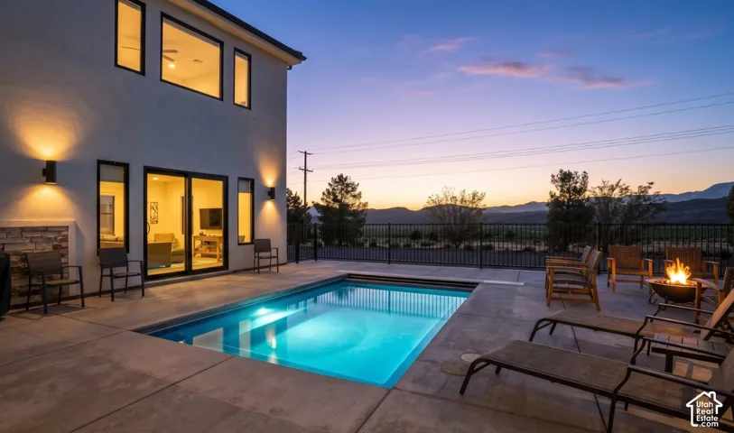 Sunset over the heated pool, with Pine Valley Mountain in the distance.