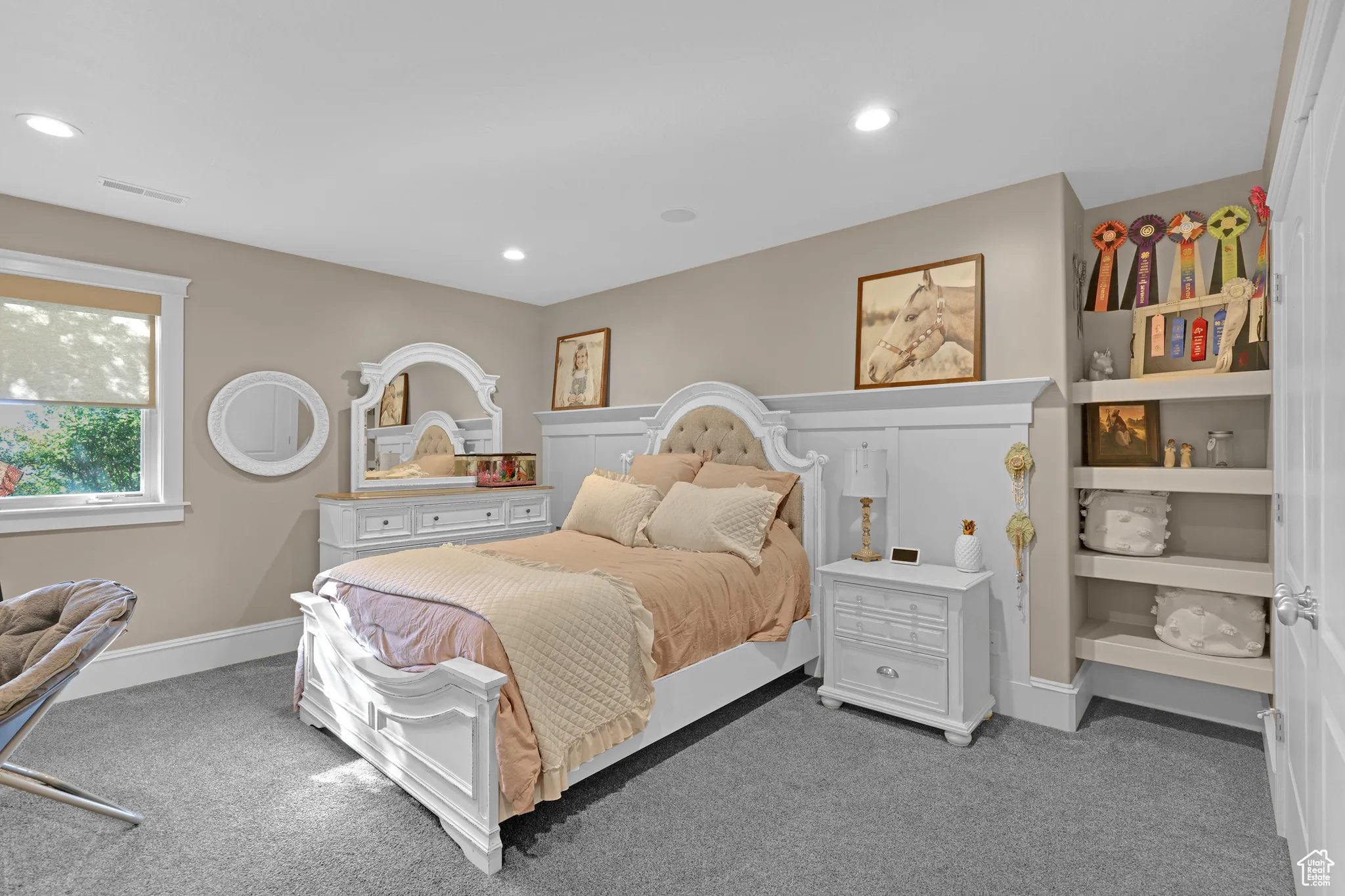 Bedroom with dark carpet