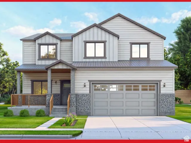 View of front of property with covered porch, a front lawn, a garage, and stone siding