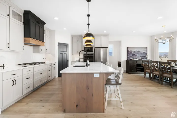 Kitchen featuring light wood-type flooring, a healthy amount of sunlight, stainless steel appliances, and a sink
