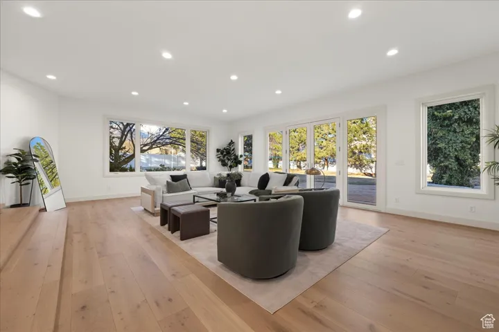 Living area with light wood-style floors, recessed lighting, plenty of natural light, and baseboards