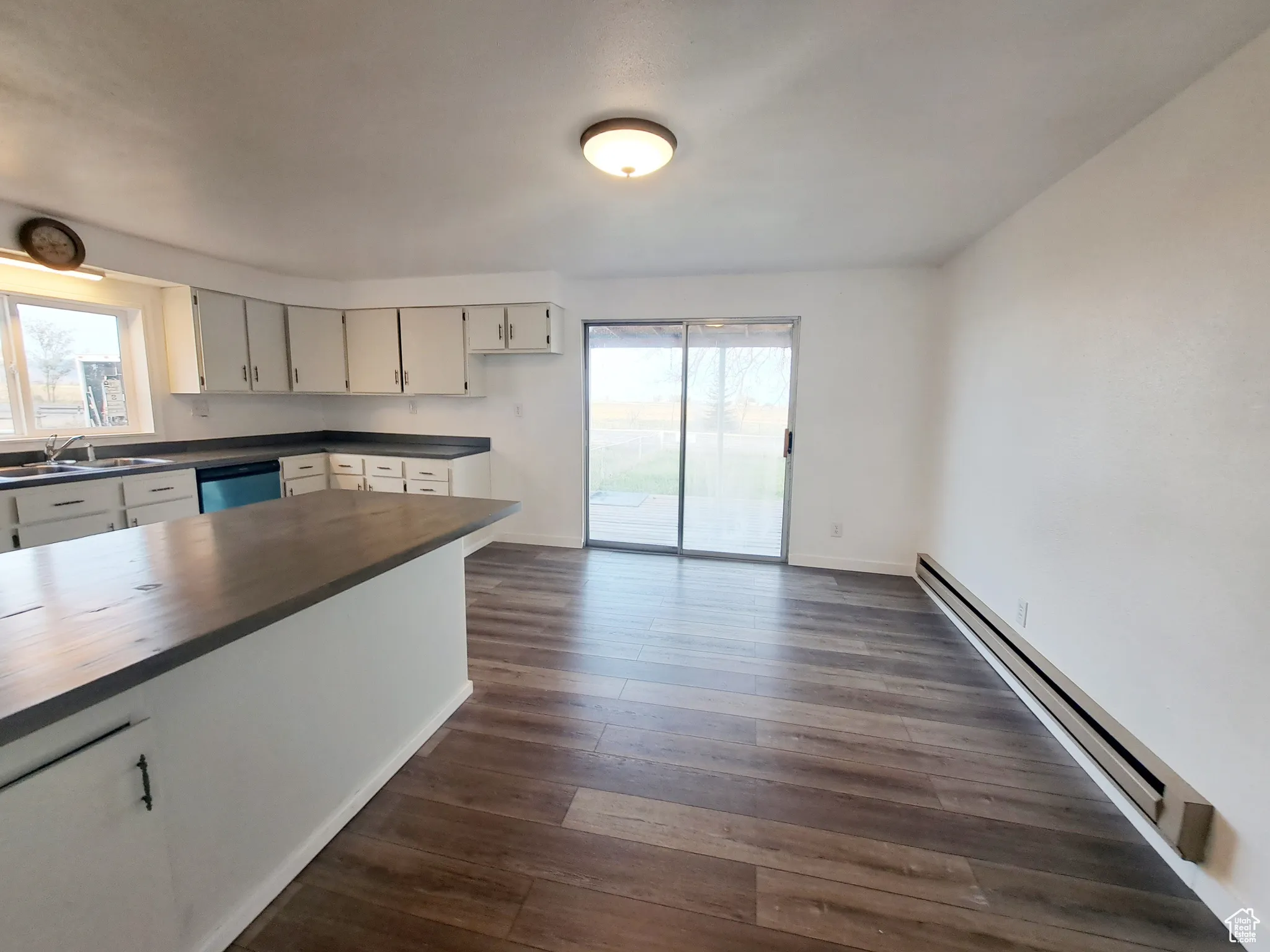 Kitchen featuring Large Dining Area, stainless steel dishwasher, a wealth of natural light, and baseboard heating. New LVP flooring, New Appliances, New Paint, New Butcher Block Countertops.
