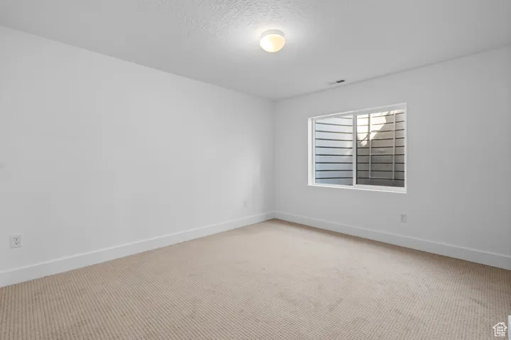 Carpeted spare room with a textured ceiling