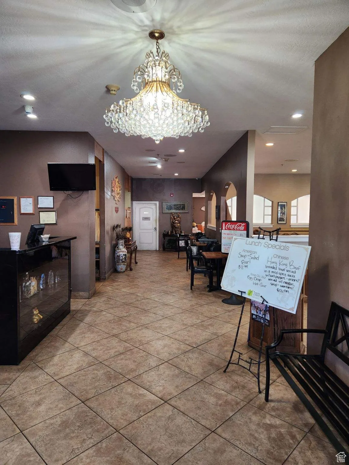 Interior space with a notable chandelier