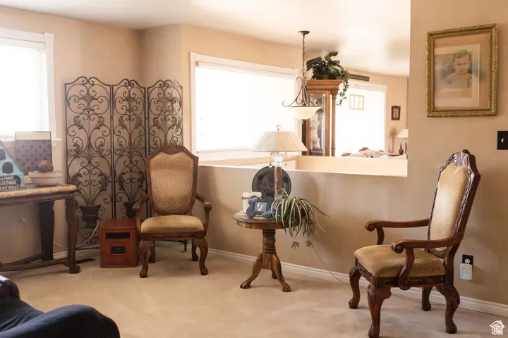 Sitting room featuring light colored carpet
