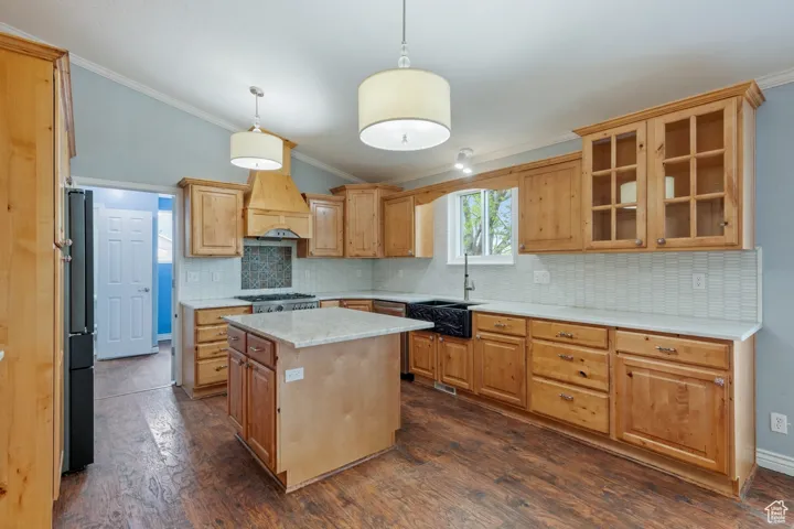 Kitchen featuring a center island, custom exhaust hood, ornamental molding, and a sink