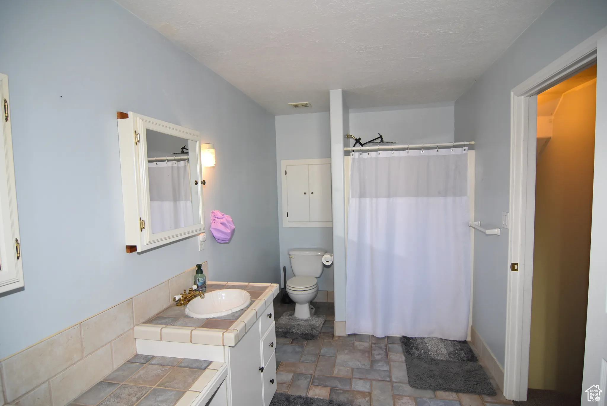Bathroom with walk in shower, vanity, a textured ceiling, and toilet