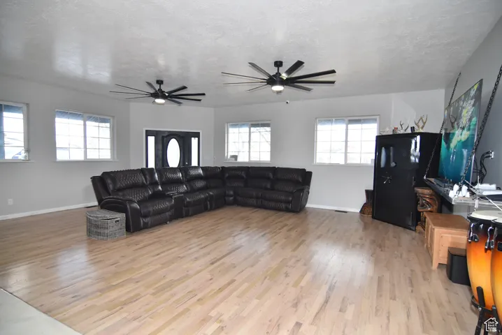 Living room featuring light hardwood / wood-style floors and a textured ceiling