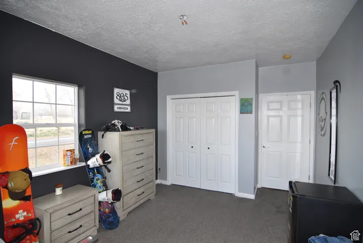 Carpeted bedroom featuring a closet and a textured ceiling