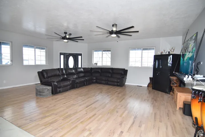 Living room featuring light hardwood / wood-style flooring and a textured ceiling