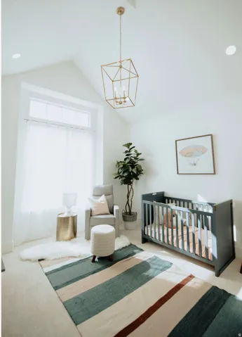 Bedroom featuring carpet flooring, a nursery area, a chandelier, high vaulted ceiling, and recessed lighting