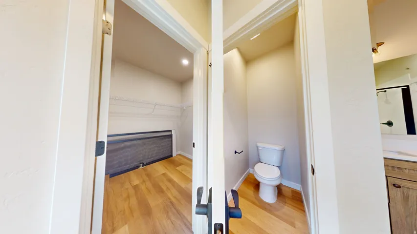 Full bathroom with a spacious closet, light wood-type flooring, vanity, and a shower
