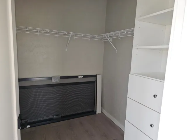 Walk in closet with dark wood-type flooring
