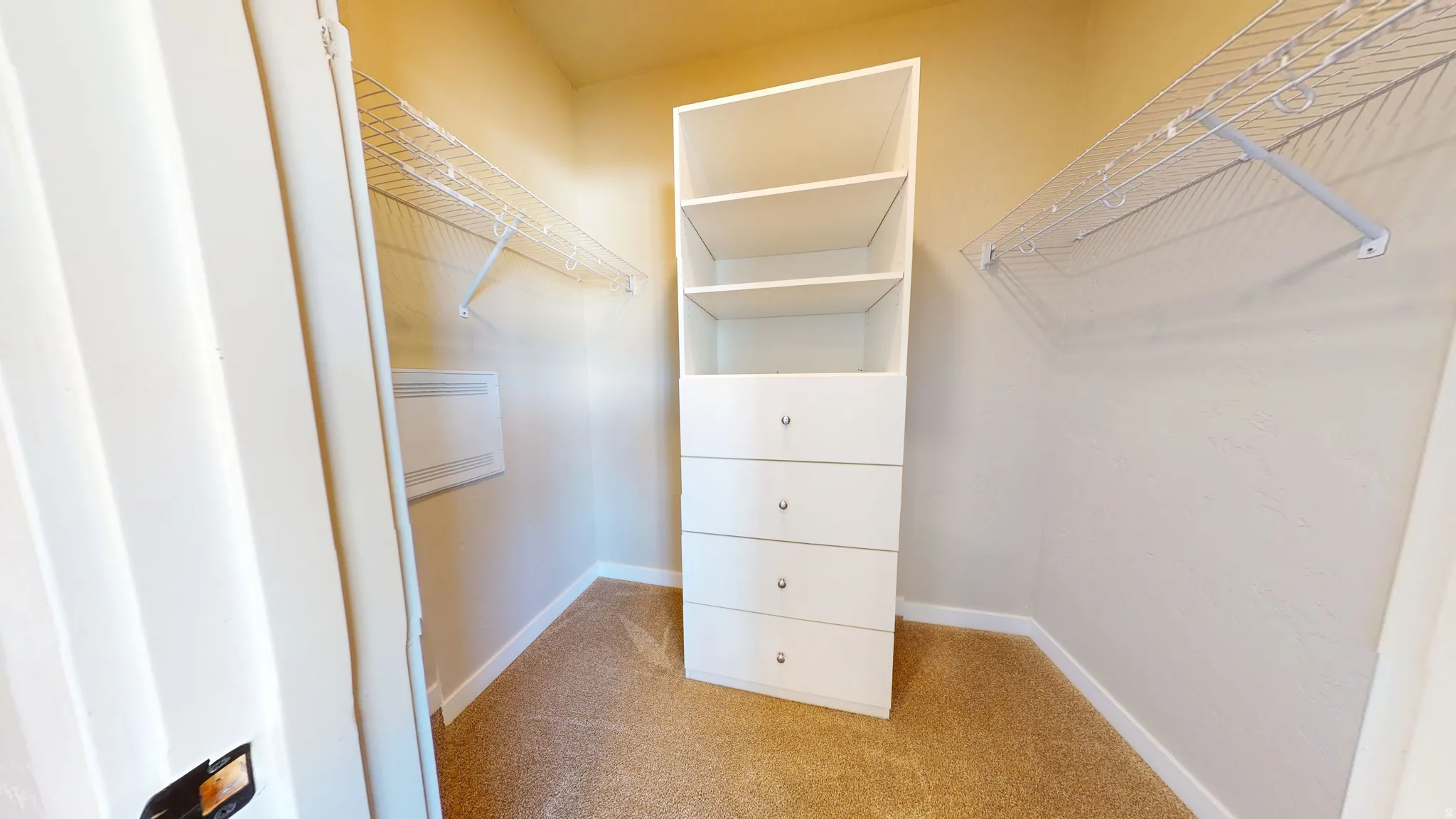 Walk in closet with light carpet