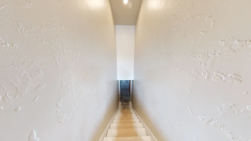 Stairs featuring a textured wall