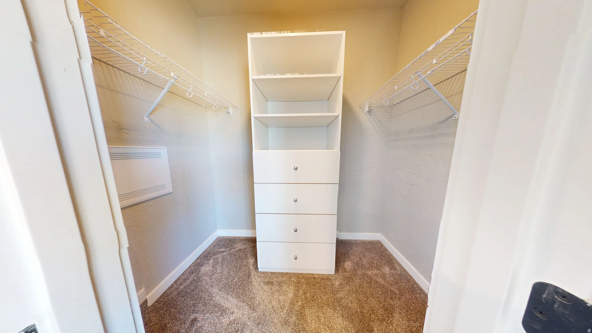 Walk in closet featuring light carpet
