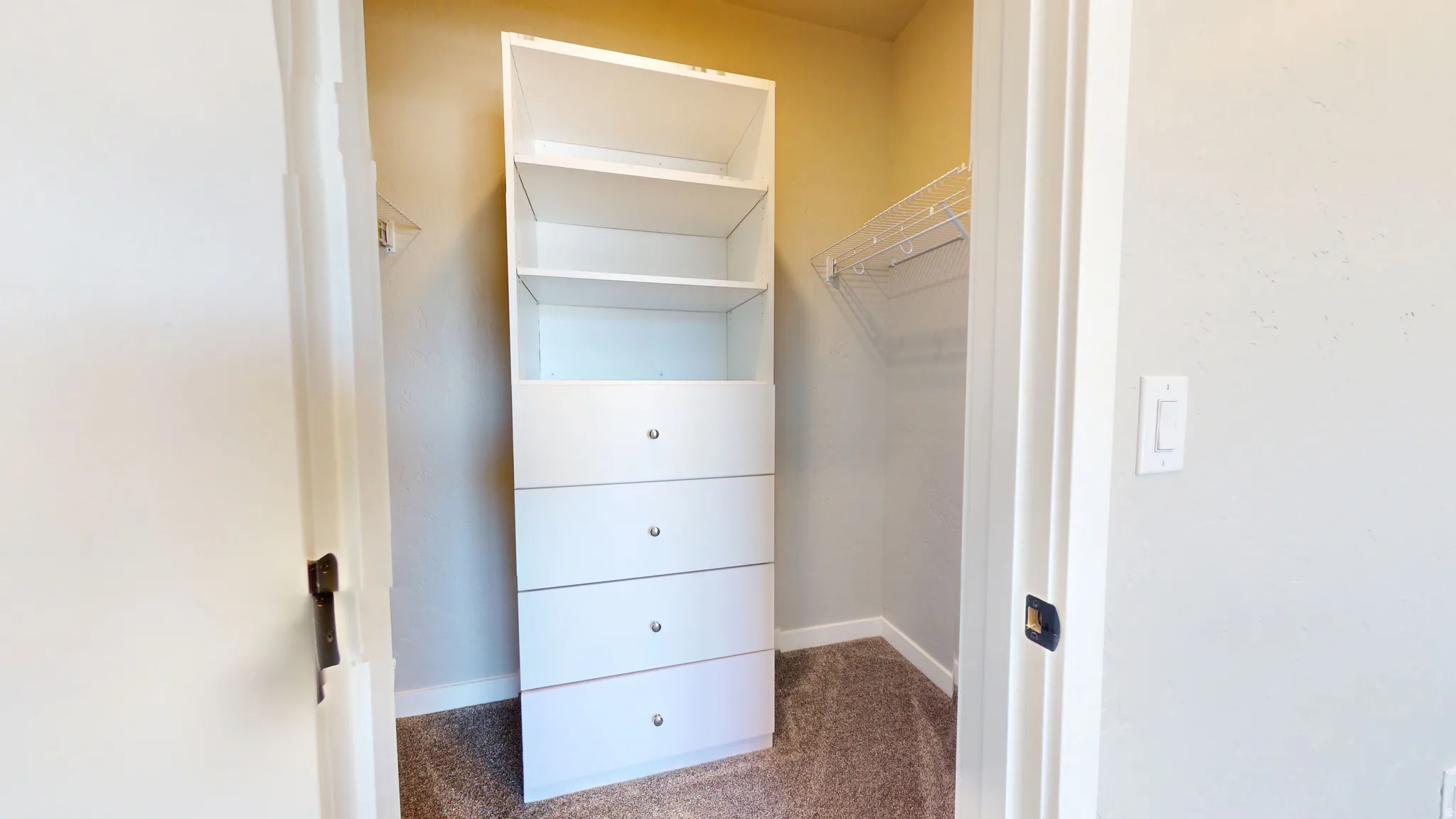 Walk in closet featuring dark colored carpet