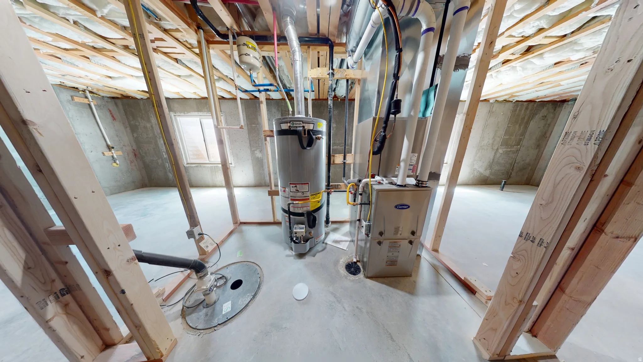 Below grade area with water heater and heating unit