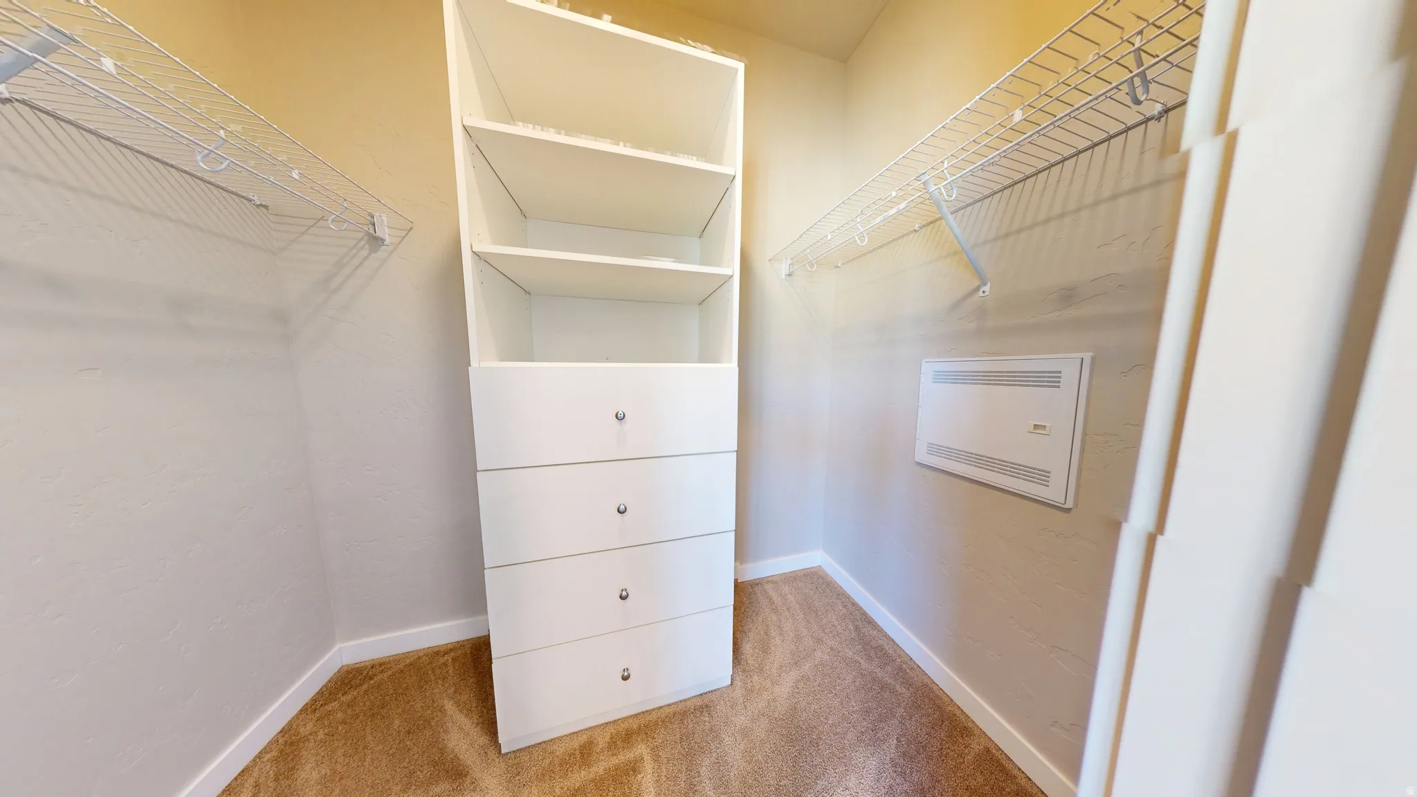 Walk in closet featuring light carpet