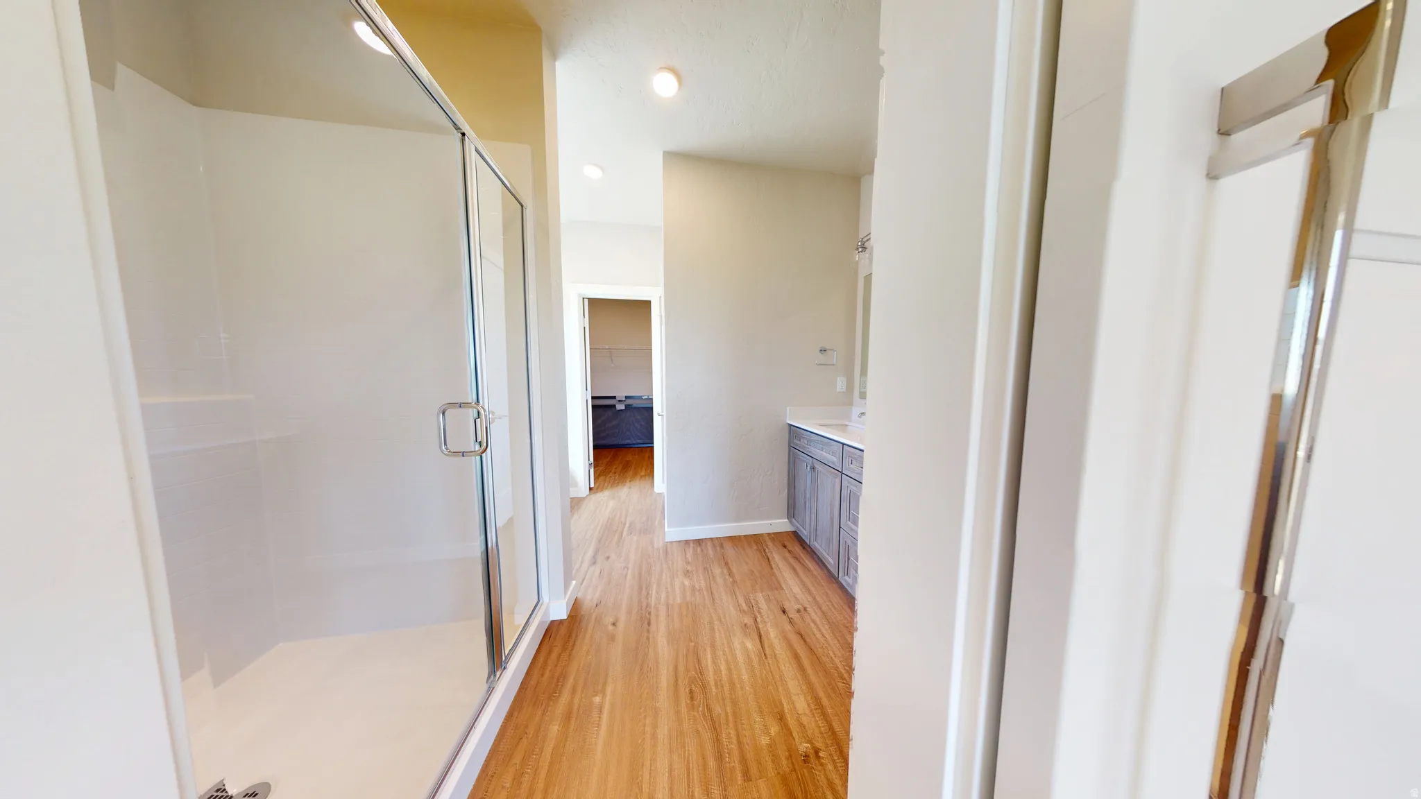 Bathroom featuring light wood finished floors, vanity, a stall shower, a spacious closet, and recessed lighting