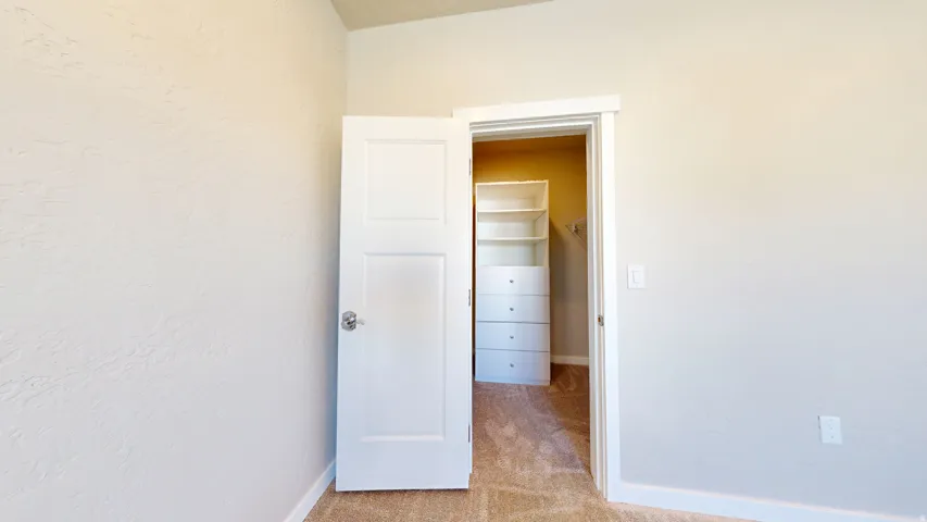 Unfurnished bedroom with a spacious closet and light colored carpet