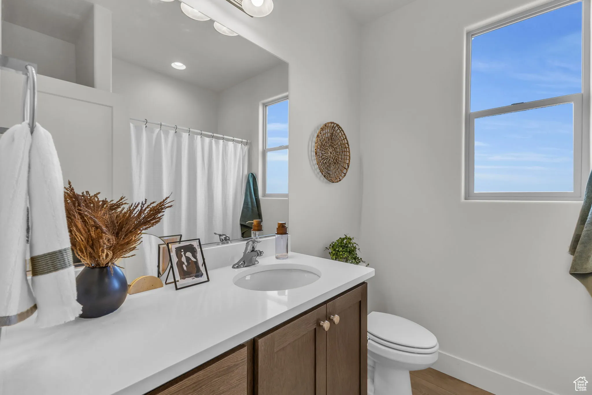 Bathroom with walk in shower, hardwood / wood-style floors, vanity, and toilet