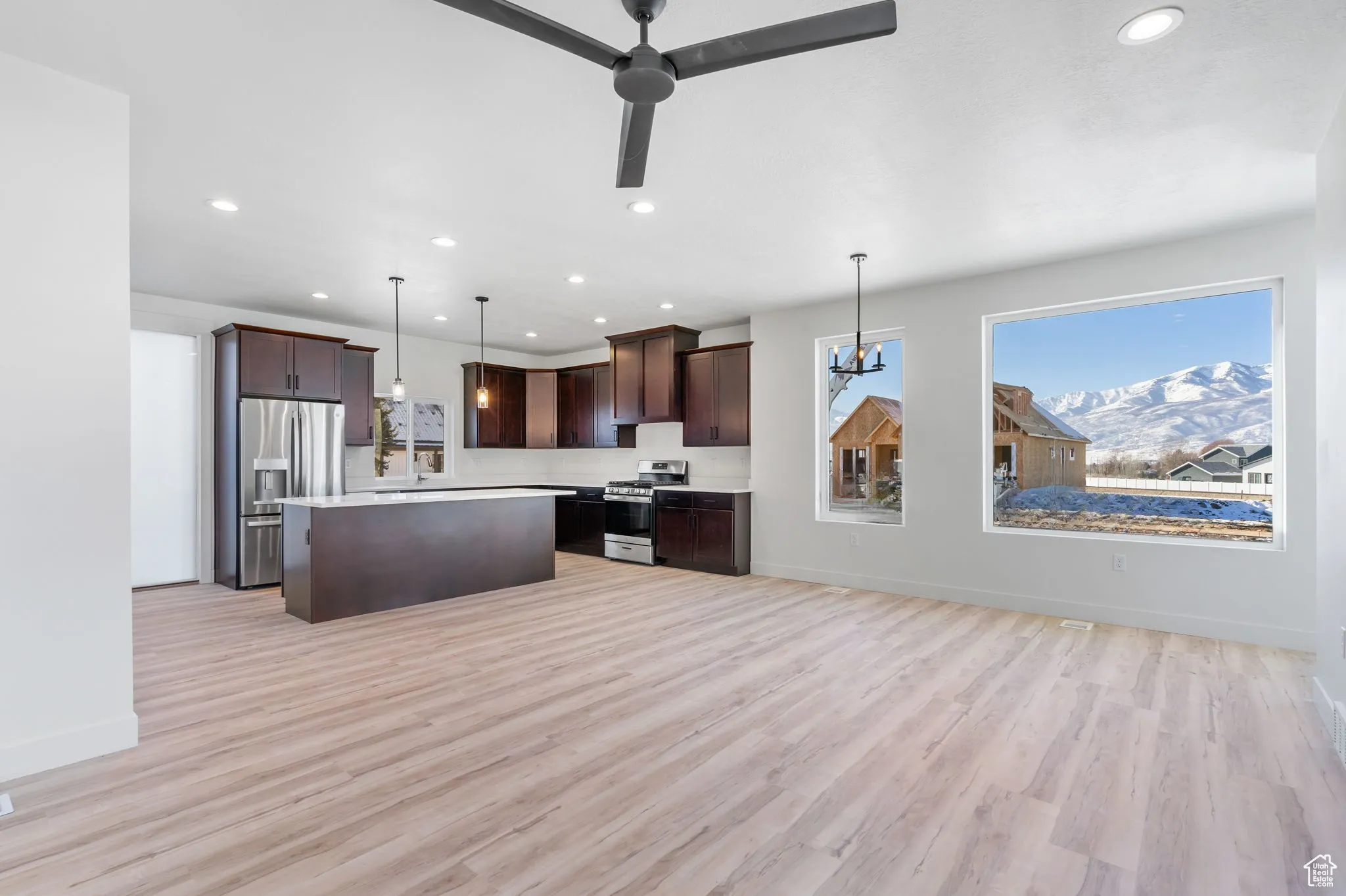 Kitchen with light hardwood / wood-style flooring, dark brown cabinets, hanging light fixtures, and appliances with stainless steel finishes