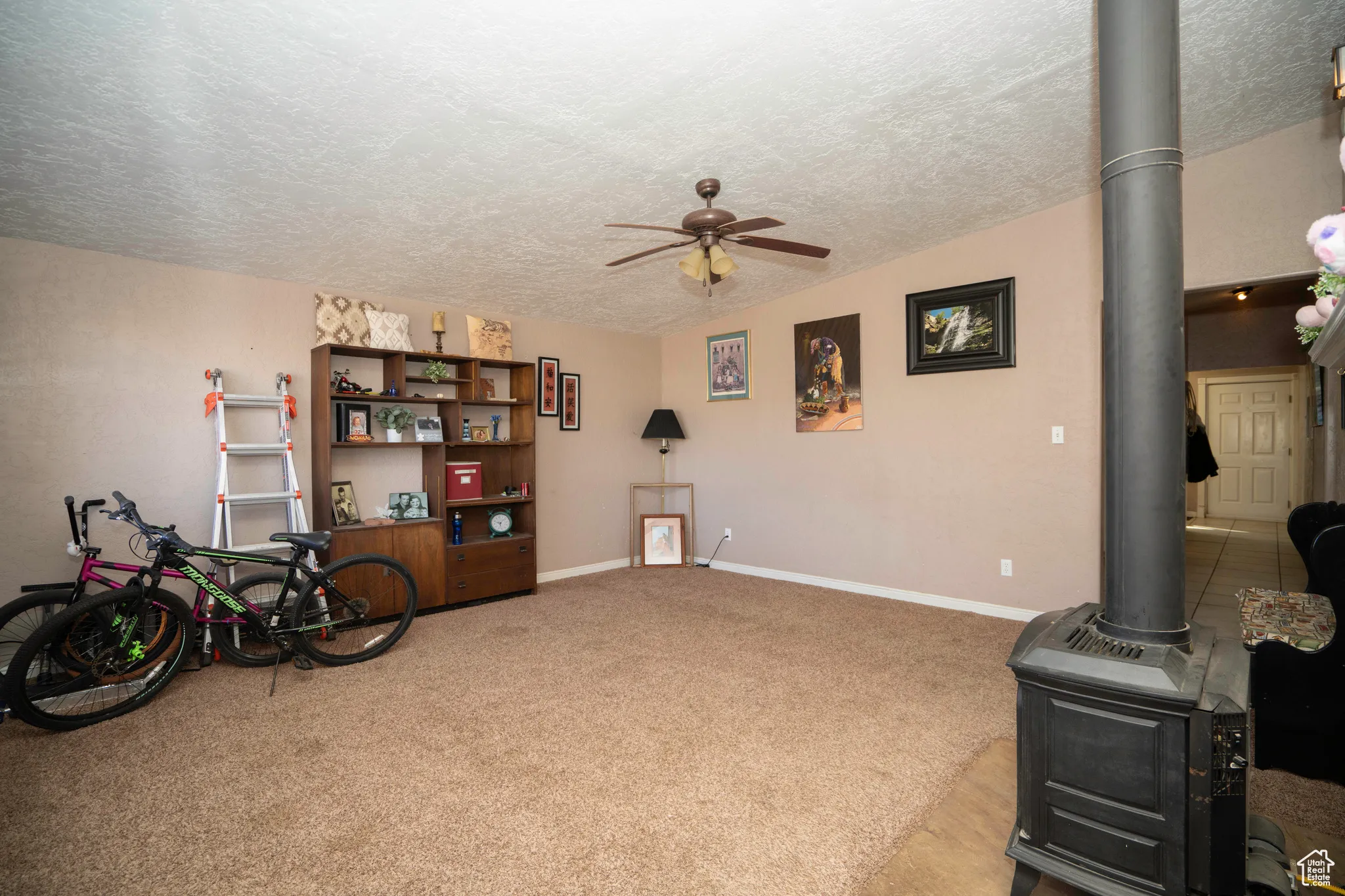 Miscellaneous room with ceiling fan, light carpet, a textured ceiling, and a wood stove