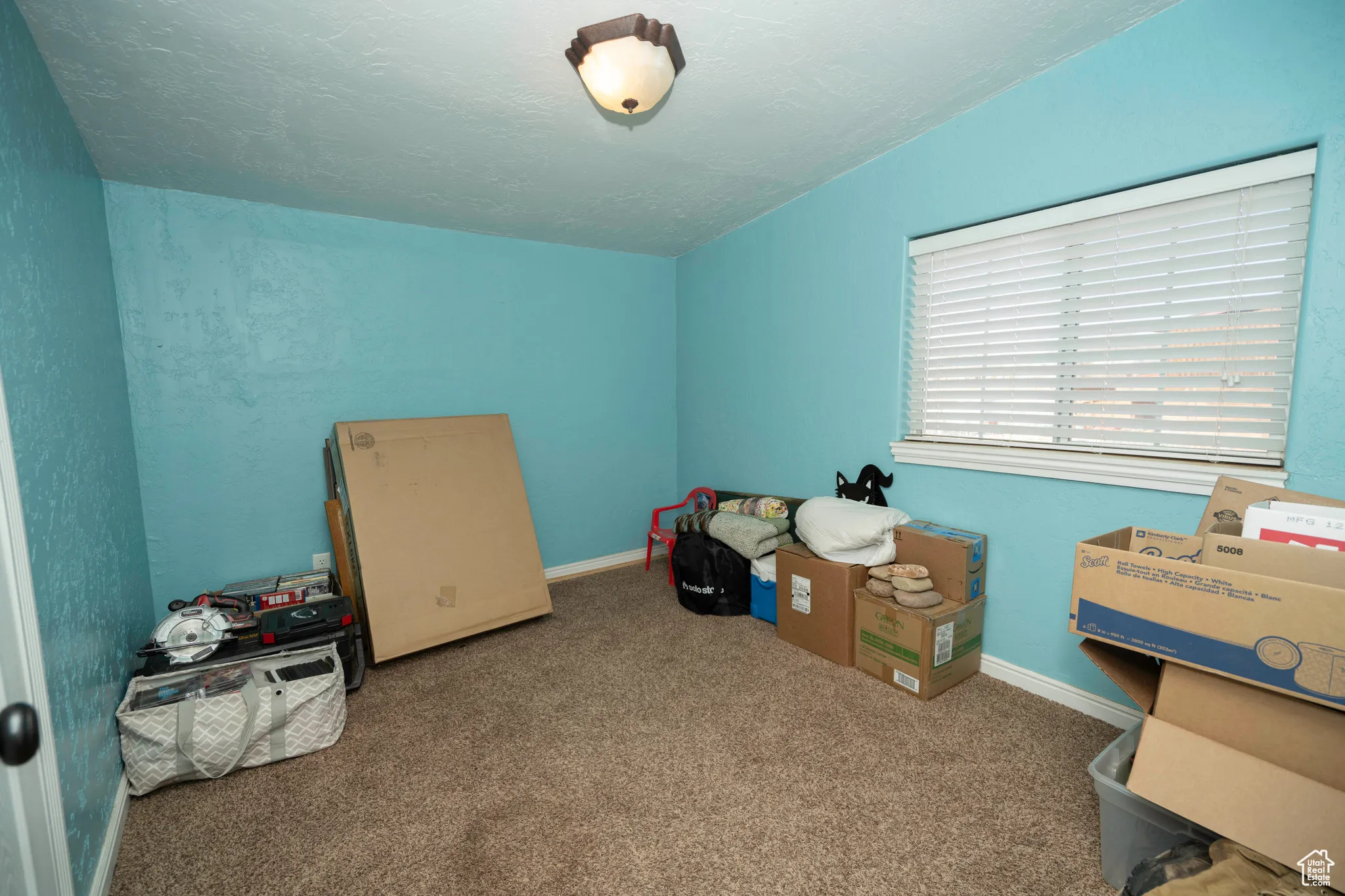 Interior space with a textured ceiling and carpet flooring