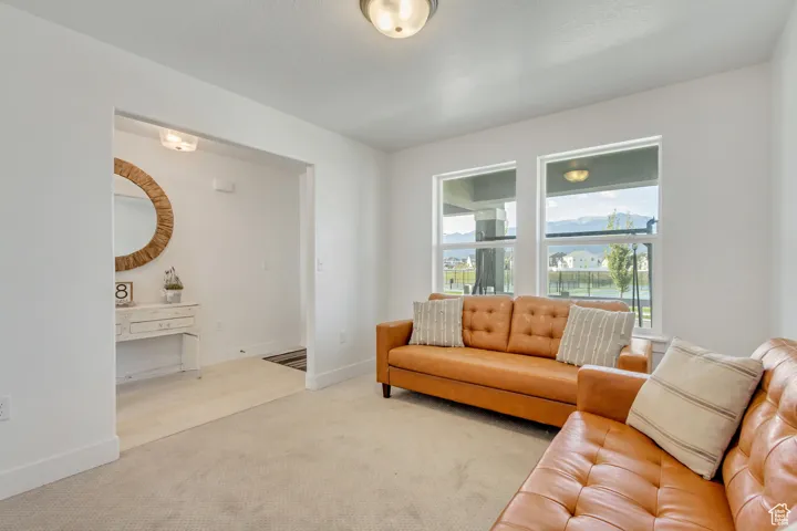 Living room with light colored carpet