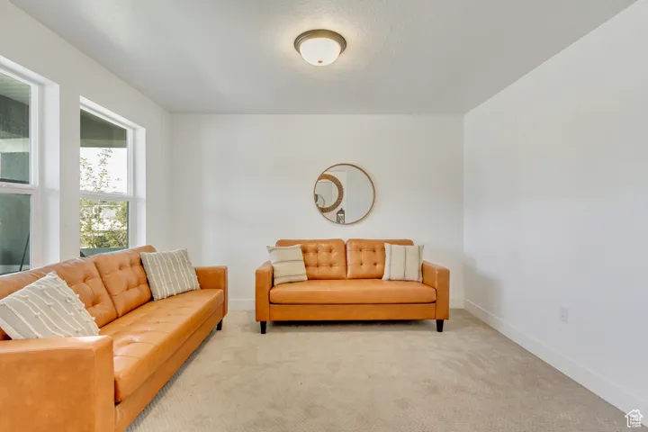 Living room with light colored carpet
