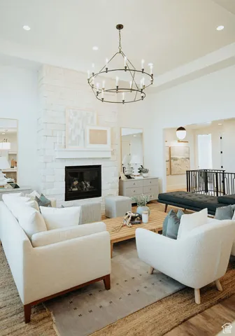 Living room with hardwood / wood-style floors and a fireplace