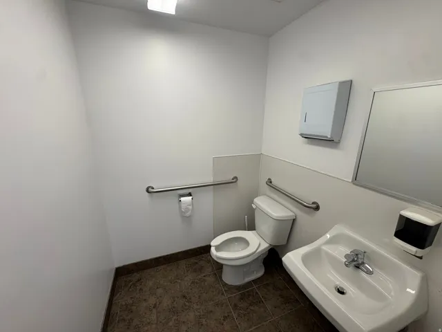 Bathroom with toilet and dark tile patterned flooring