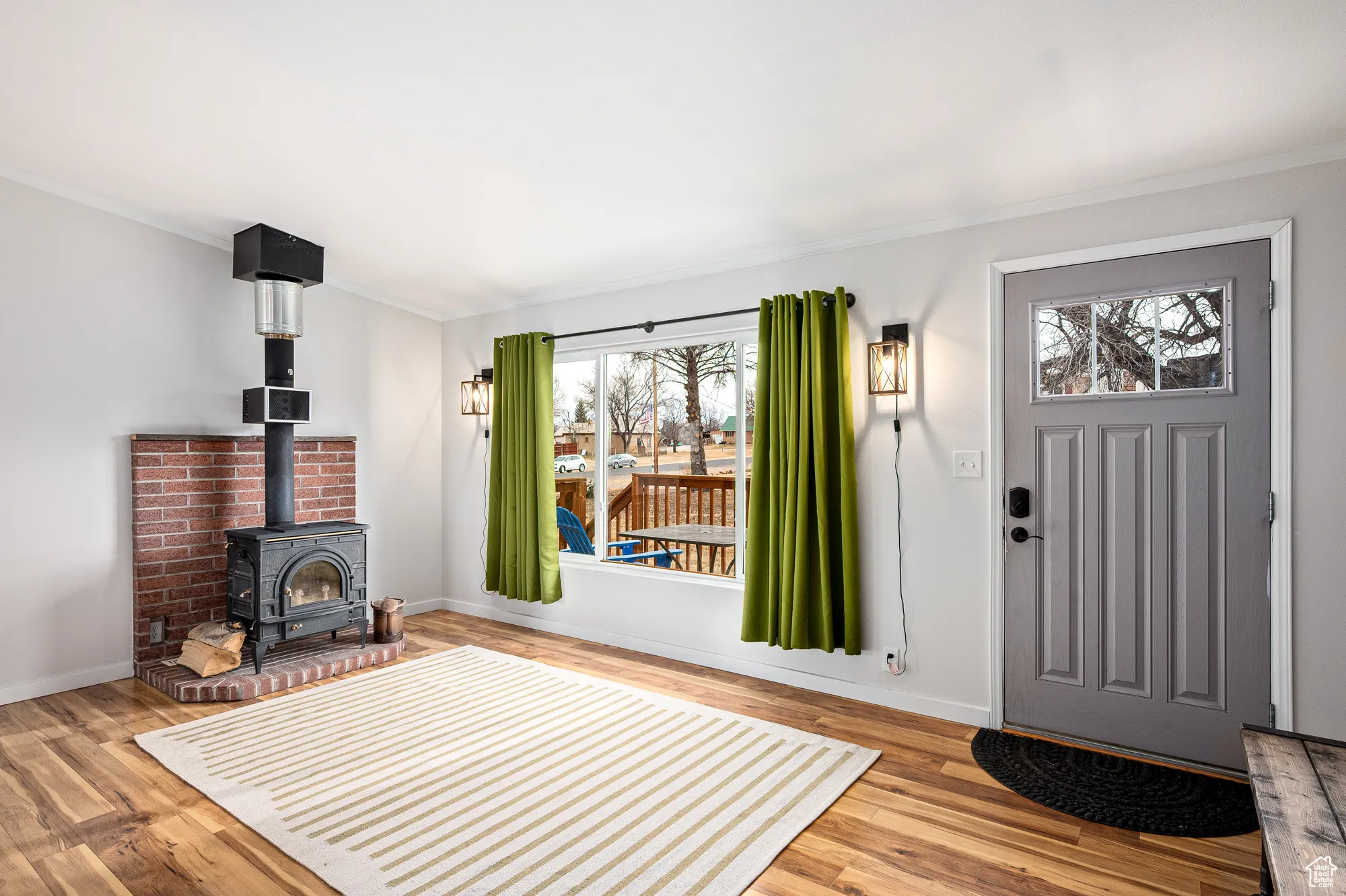Foyer with a wood burning stove