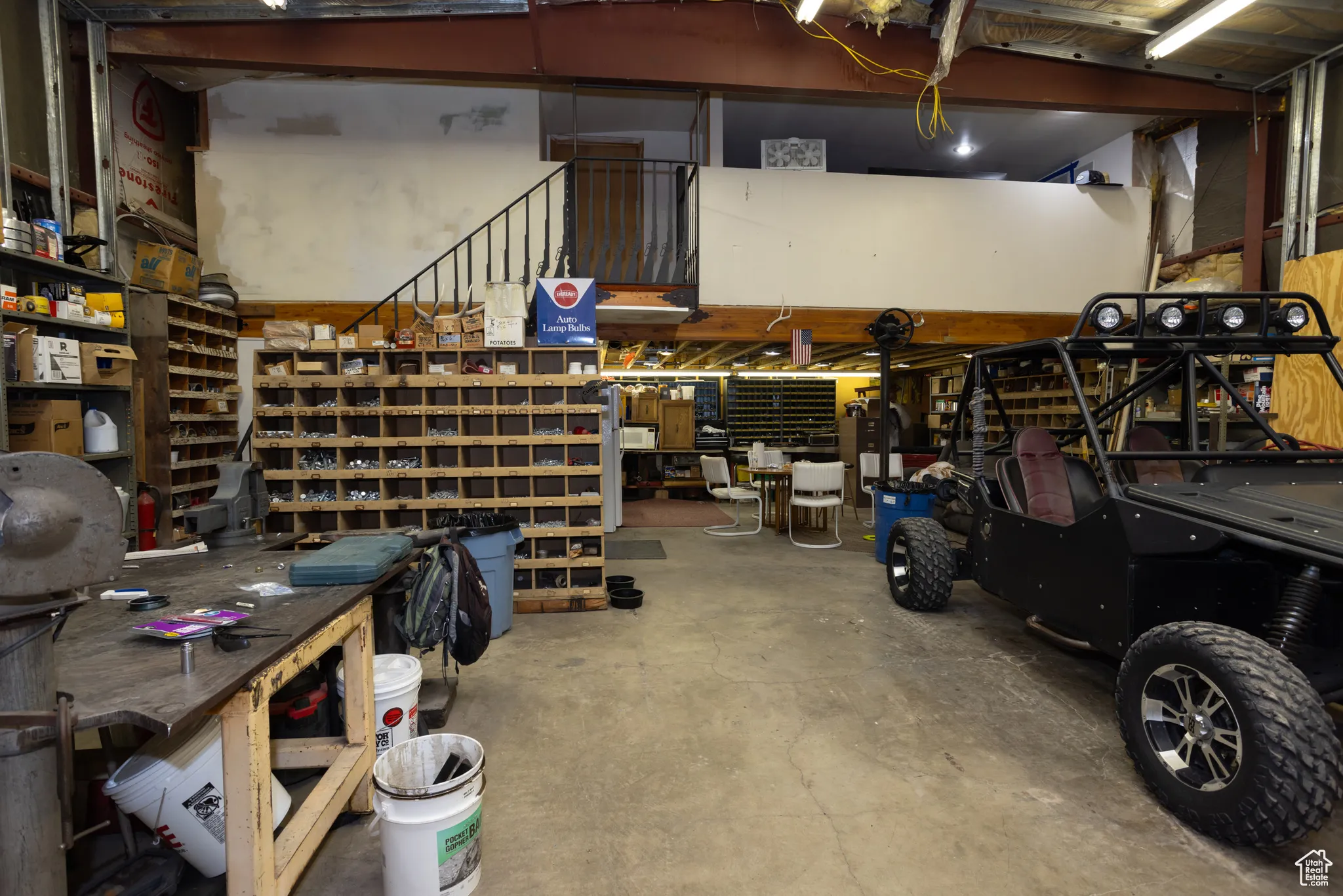 Garage with a workshop area