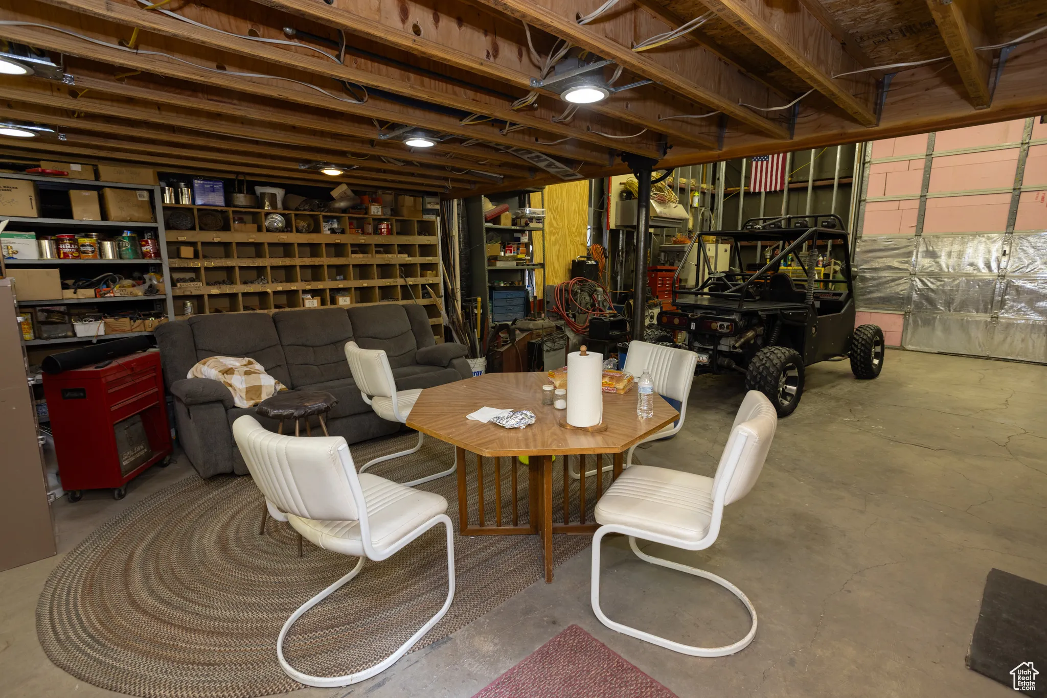 Dining space featuring concrete flooring