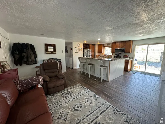 Living room with dark hardwood / wood-style floors, a textured ceiling, and a wealth of natural light