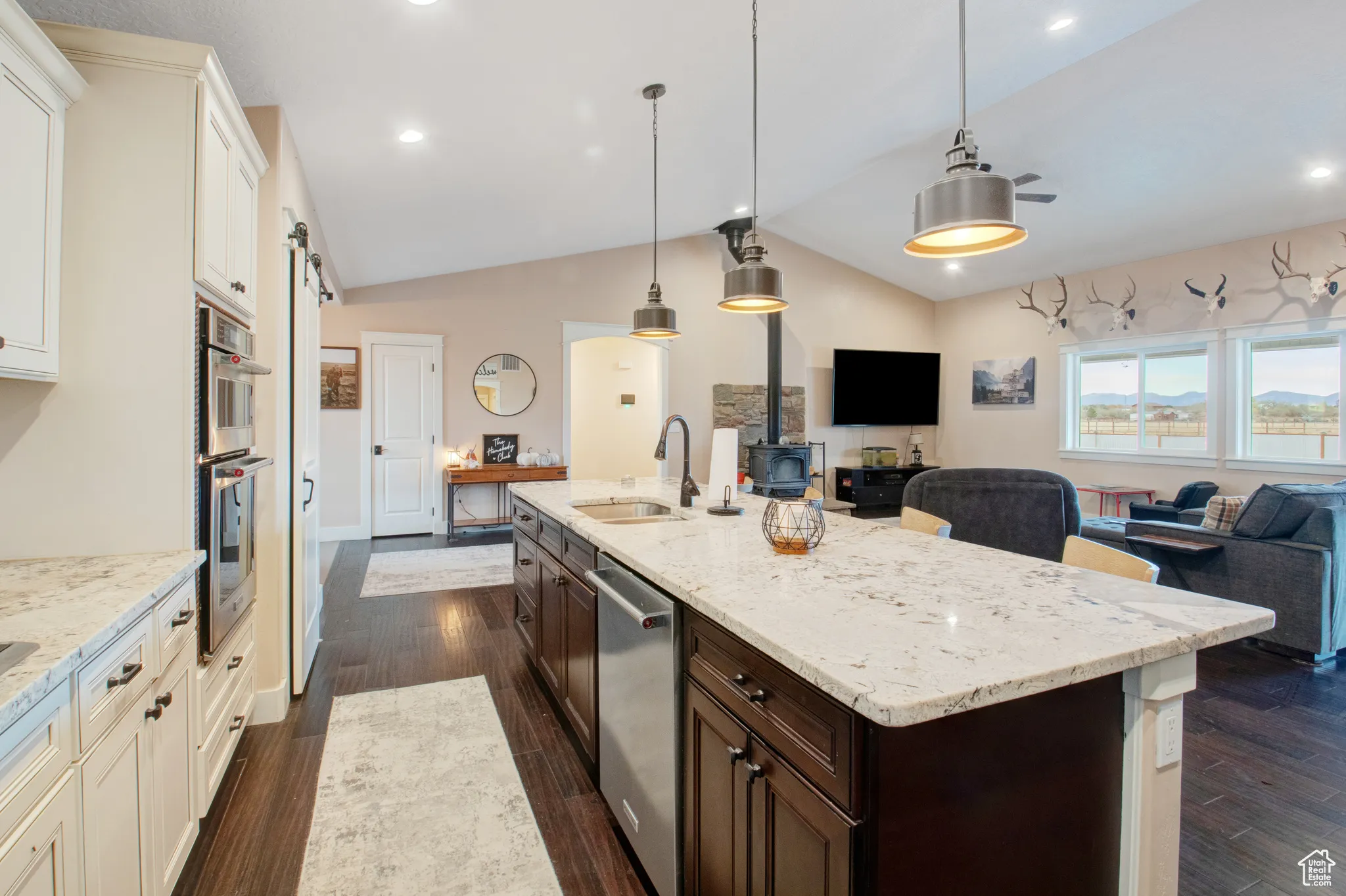 Kitchen featuring dark brown cabinetry, decorative light fixtures, dark hardwood / wood-style flooring, and stainless steel appliances