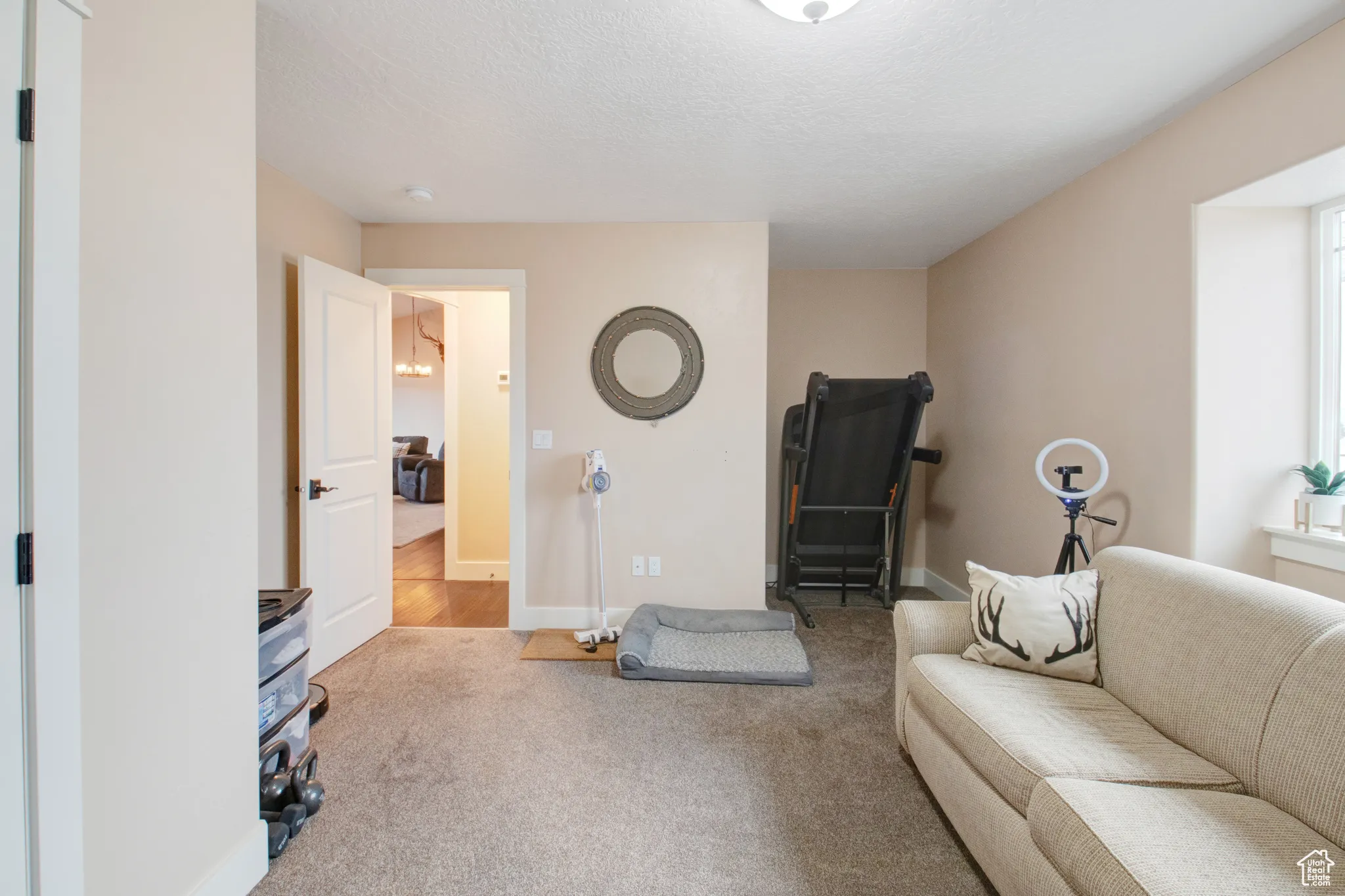 Interior space with light carpet and a textured ceiling
